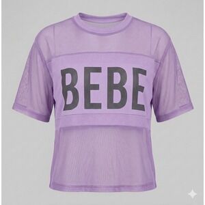 Bebe Y2K Womens XL Purple Sheer Mesh Graphic Short Sleeve Activewear Top Gym